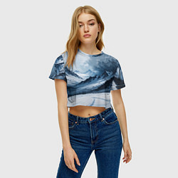 Футболка 3D укороченная женская Зимний горный пейзаж маслом, цвет: 3D-принт — фото 2