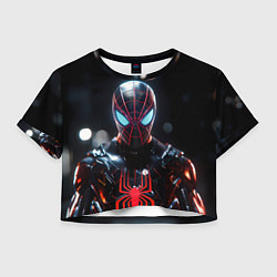 Футболка 3D укороченная женская Спайдер-мен в мото костюме, цвет: 3D-принт