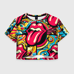 Футболка 3D укороченная женская Rolling Stones logo - pop art pattern, цвет: 3D-принт
