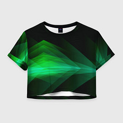 Футболка 3D укороченная женская Неоновая зеленая абстракция на черном фоне, цвет: 3D-принт