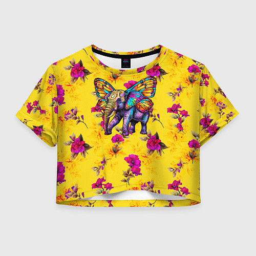 Женский топ Слон с крыльями бабочки на цветочном фоне / 3D-принт – фото 1