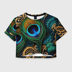 Футболка 3D укороченная женская Узоры и перья павлина, цвет: 3D-принт