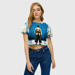 Футболка 3D укороченная женская Айкидоист на синем, цвет: 3D-принт — фото 2