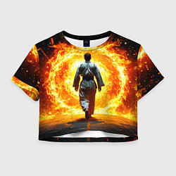 Футболка 3D укороченная женская Айкидоист и огненный вихрь, цвет: 3D-принт