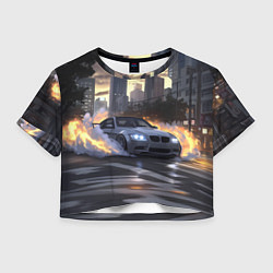 Футболка 3D укороченная женская БМВ в вечернем городе, цвет: 3D-принт