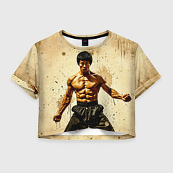 Футболка 3D укороченная женская Брюс Ли на бежевом, цвет: 3D-принт
