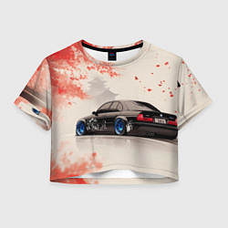 Футболка 3D укороченная женская Черная БМВ и сакура, цвет: 3D-принт