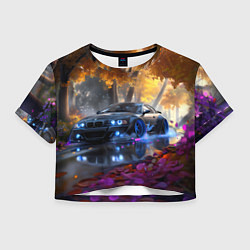 Футболка 3D укороченная женская BMW синие неоновые фары, цвет: 3D-принт