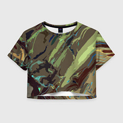 Футболка 3D укороченная женская Абстракция тон хаки, цвет: 3D-принт
