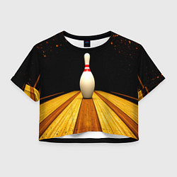 Футболка 3D укороченная женская Кегля для боулинга на черном, цвет: 3D-принт