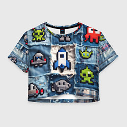 Футболка 3D укороченная женская Космический пиксельный корабль, цвет: 3D-принт