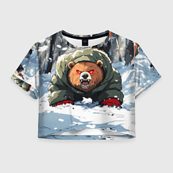 Футболка 3D укороченная женская Злой медведь с красными глазами, цвет: 3D-принт