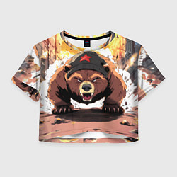 Футболка 3D укороченная женская Злой русский медведь с пилоткой на голове, цвет: 3D-принт