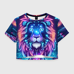 Футболка 3D укороченная женская Космический неоновый лев - нейроарт, цвет: 3D-принт