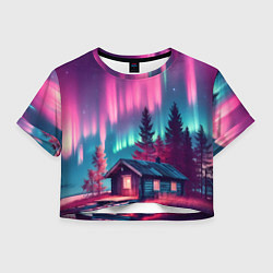 Футболка 3D укороченная женская Лиловое сияние над лесом, цвет: 3D-принт