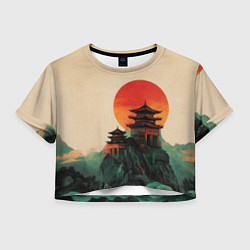 Футболка 3D укороченная женская Храм в горах, цвет: 3D-принт