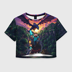 Футболка 3D укороченная женская Дракон края и Стив - Майнкрафт арт, цвет: 3D-принт
