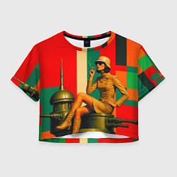 Футболка 3D укороченная женская Милитари девушка на оружейной башне ретрофутуризм, цвет: 3D-принт