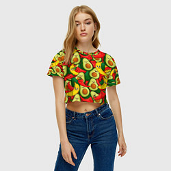 Футболка 3D укороченная женская Авокадо, бананы, перцы чили улыбаются - паттерн фр, цвет: 3D-принт — фото 2