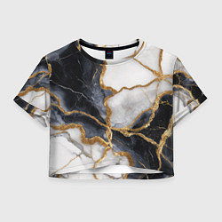 Футболка 3D укороченная женская Мрамор белый и черный с золотом, цвет: 3D-принт