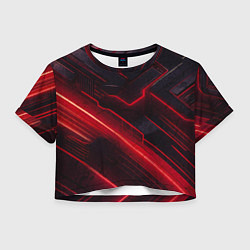 Футболка 3D укороченная женская Красные неоновые линии на черном фоне техно стиль, цвет: 3D-принт