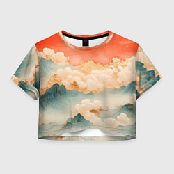 Футболка 3D укороченная женская Объемные Японские волны текстура, цвет: 3D-принт
