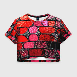 Футболка 3D укороченная женская Рубиновый красный витражные плитки, цвет: 3D-принт