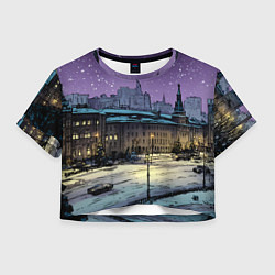 Футболка 3D укороченная женская Ночь в новогодней Москве, цвет: 3D-принт