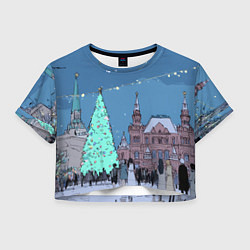 Футболка 3D укороченная женская Новогодняя елка в центре Москвы, цвет: 3D-принт