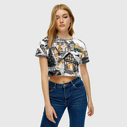 Футболка 3D укороченная женская Объемные новогодние дома, цвет: 3D-принт — фото 2