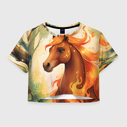 Футболка 3D укороченная женская Милая огненная лошадь, цвет: 3D-принт