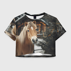Футболка 3D укороченная женская Лошадь у новогодней елки, цвет: 3D-принт