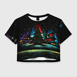 Футболка 3D укороченная женская Новый год на черном фоне, цвет: 3D-принт