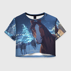 Футболка 3D укороченная женская Лошадь на фоне новогодней елки, цвет: 3D-принт