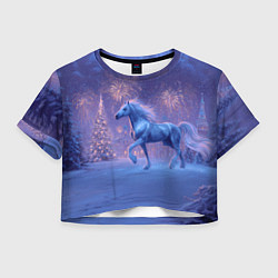 Футболка 3D укороченная женская Лошадь и новогодний салют, цвет: 3D-принт