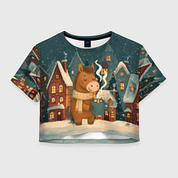 Футболка 3D укороченная женская Лошадка с кофе на фоне города, цвет: 3D-принт