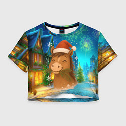 Футболка 3D укороченная женская Новогодняя лошадка жует елочные ветки, цвет: 3D-принт