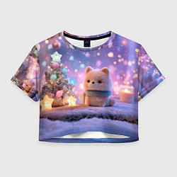 Футболка 3D укороченная женская Новогодний пушистый щенок, цвет: 3D-принт