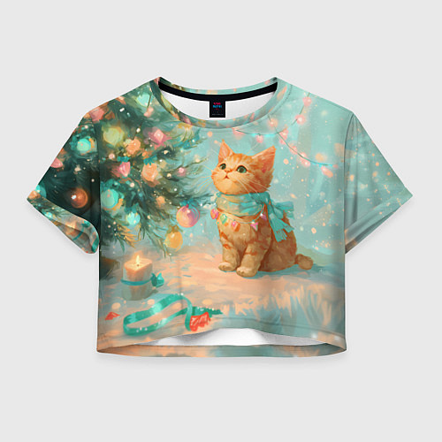 Женский топ Милый рыжий котенок любуется елкой / 3D-принт – фото 1