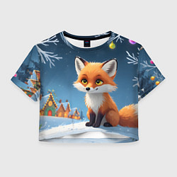 Футболка 3D укороченная женская Лисичка новогодней ночью, цвет: 3D-принт