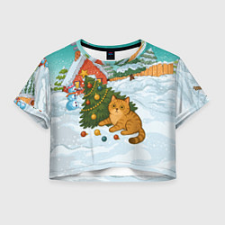 Футболка 3D укороченная женская Толстый кот уронил елку, цвет: 3D-принт