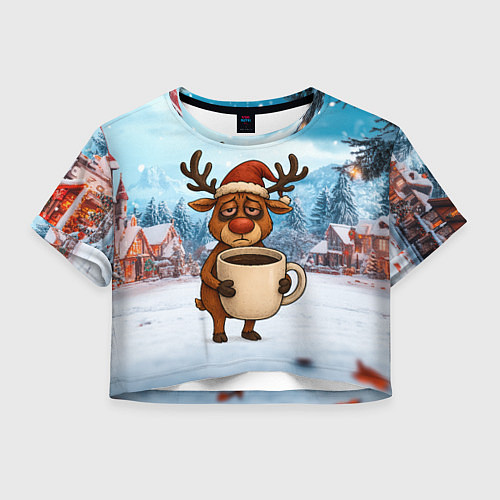 Женский топ Уставший новогодний олень с кофе / 3D-принт – фото 1