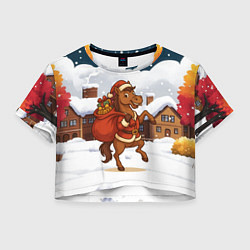 Футболка 3D укороченная женская Новогодняя лошадка с мешком подарков, цвет: 3D-принт