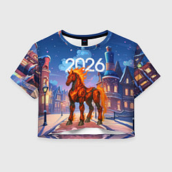 Футболка 3D укороченная женская Красная огненная металлическая лошадь 2026, цвет: 3D-принт