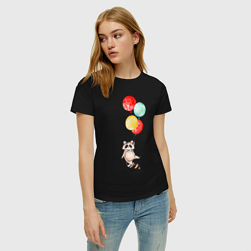 Женская футболка Енот на шариках / Черный – фото 3