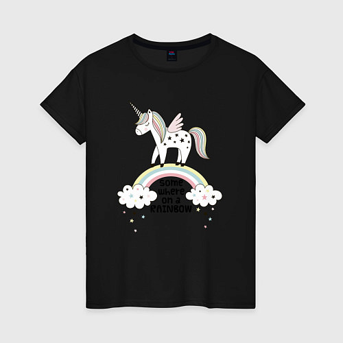 Женская футболка Единорог на радуге / Черный – фото 1