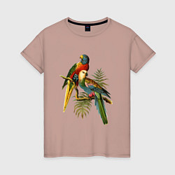Футболка хлопковая женская Тропические попугаи, цвет: пыльно-розовый