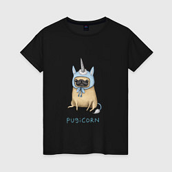 Футболка хлопковая женская Pugicorn, цвет: черный