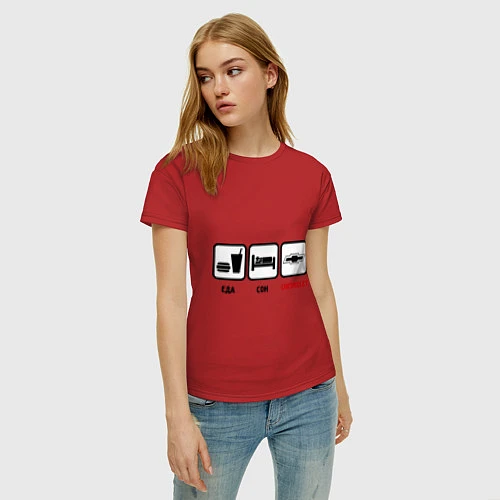 Женская футболка Главное в жизни - еда, сон,chevrolet / Красный – фото 3