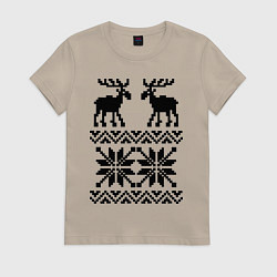 Футболка хлопковая женская Узор с оленями, цвет: миндальный